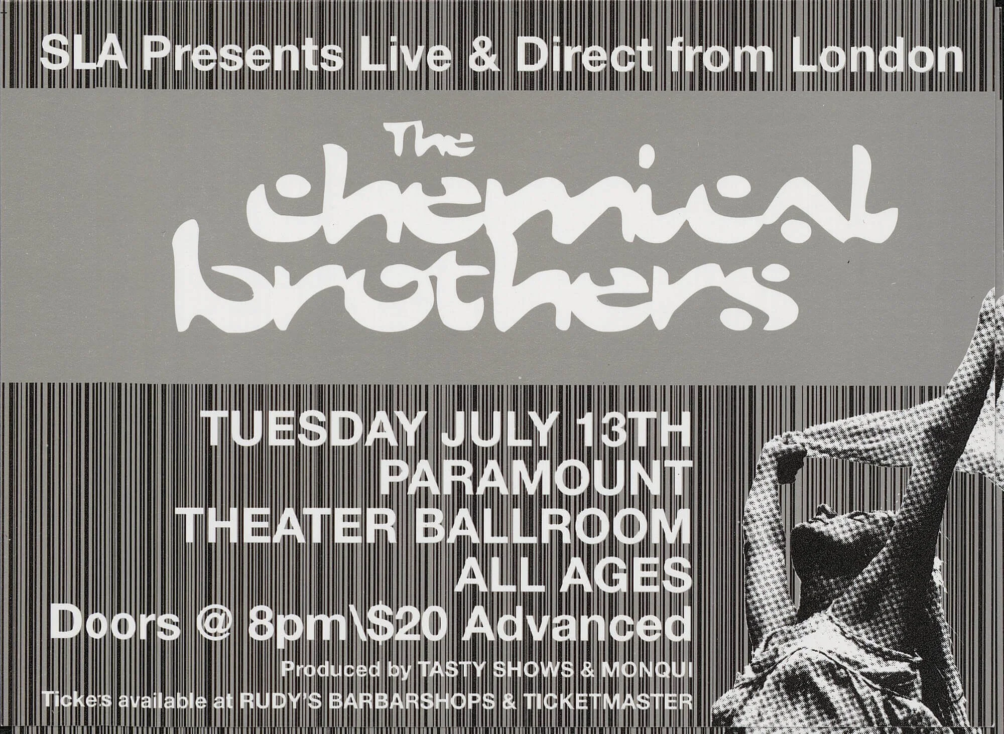 A promotional poster for a live music event by The Chemical Brothers, presented by SLA, scheduled for Tuesday, July 13th at the Paramount Theater Ballroom, suitable for all ages, with doors opening at 8pm and tickets available at Rudy's Barbershops a