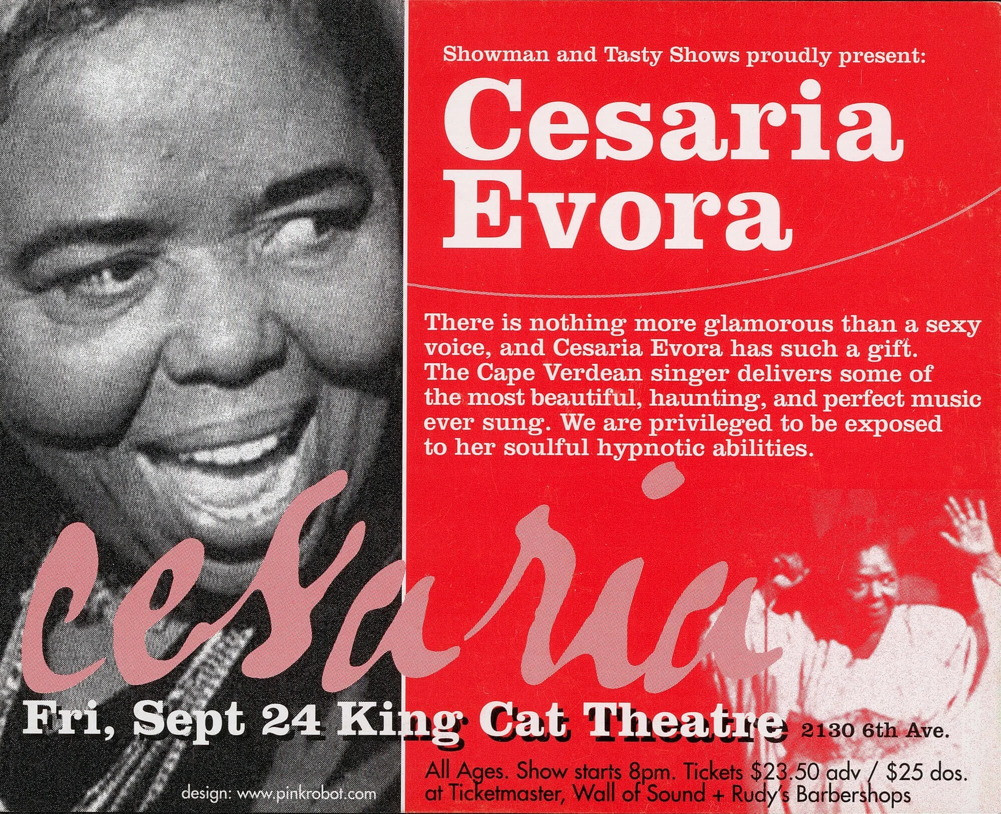 Event poster featuring a black-and-white photo of Cesaria Evora smiling on the left and a red background with white text on the right. The poster advertises a show at King Cat Theatre on September 24 with ticket prices and show details.
