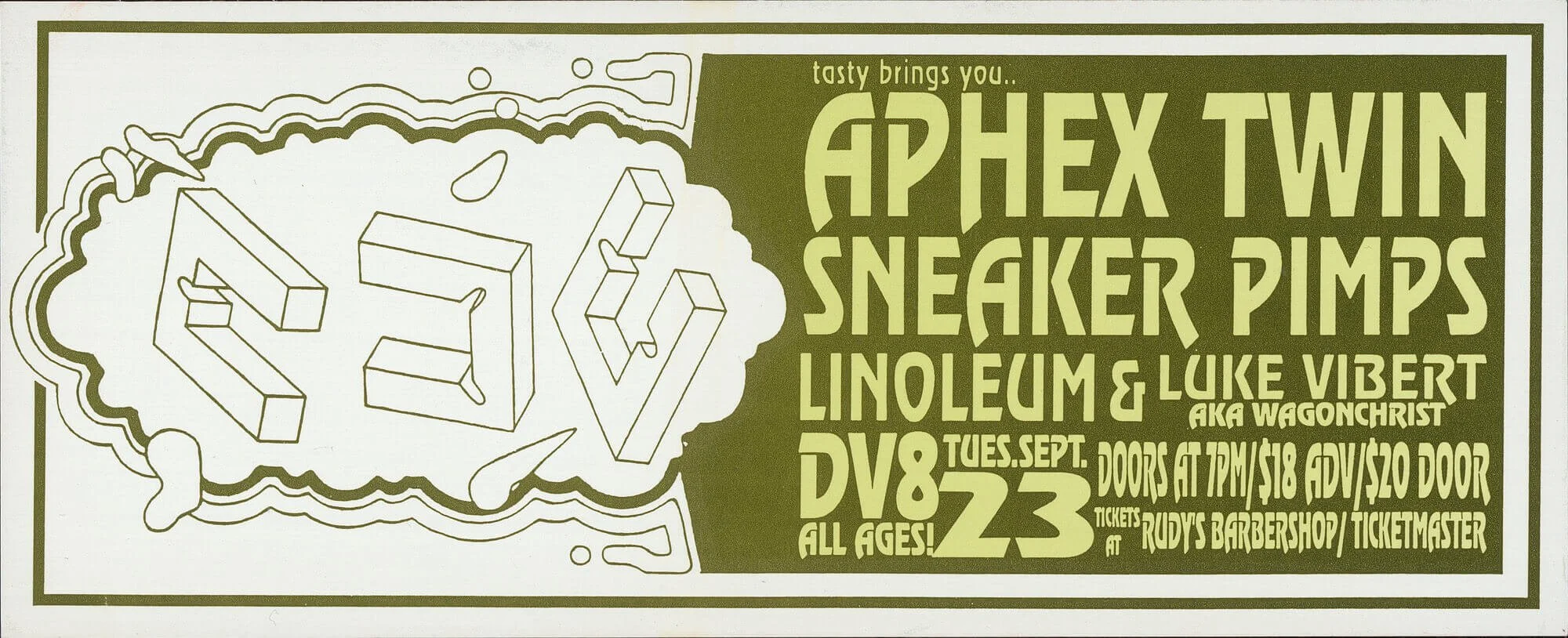 Event poster for Aphex Twin, Sneaker Pimps, Linoleum, and Luke Vibert at Ruby's Barbershop on Tuesday, September 23rd. Features stylized text and graphic elements.