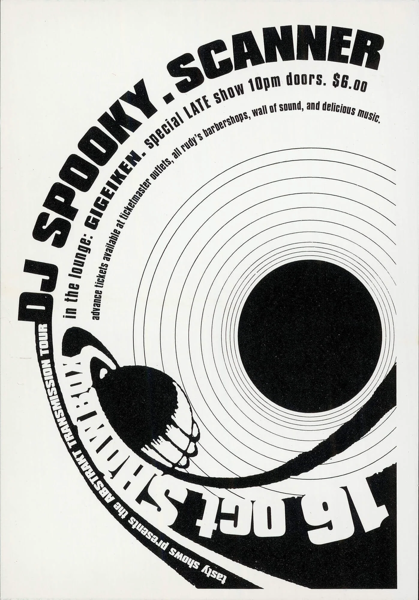 Poster promoting a music concert titled '16 Confetti' with a black and white design, featuring text about the event details and a stylized graphic of a record and a turntable needle.