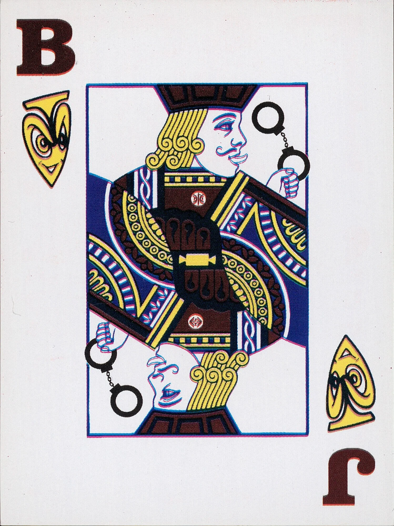 A playing card depicts the Jack of Clubs with a stylized illustration of a man in traditional attire holding a chain with a ring, with the letter B in the top left corner and the letter A in the bottom right corner.