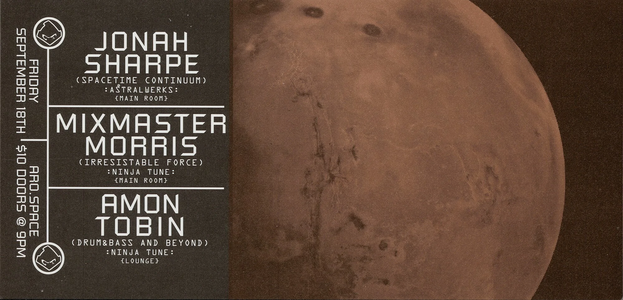 Event poster with a split design: left side has event details in white text on a black background, right side features a reddish moon or planet with surface details.