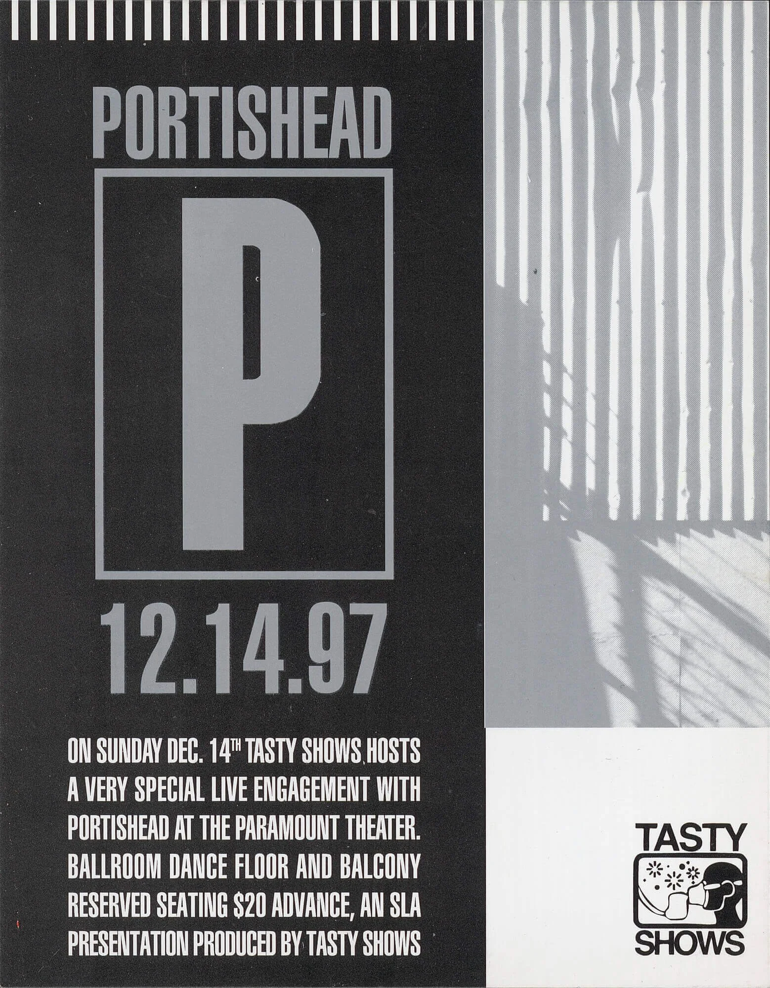 A promotional poster for a Portishead concert on December 14, 1997, at the Paramount Theater, with information about ticket pricing and event details, including a Tasty Shows logo in the bottom right corner.