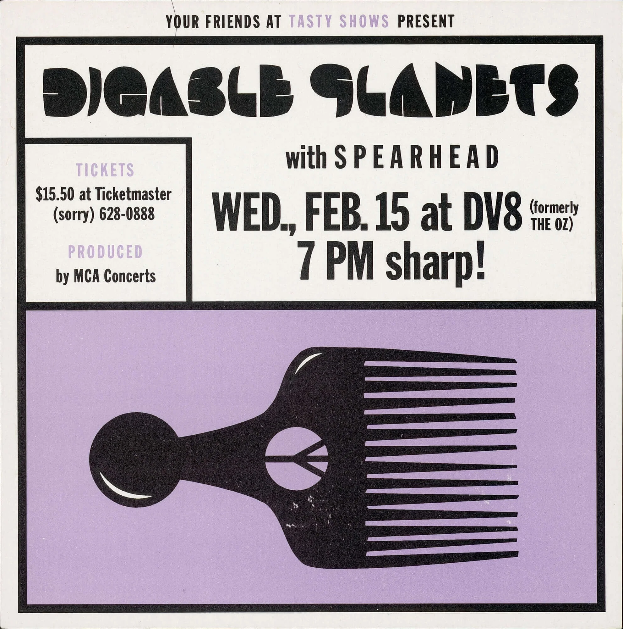 A promotional poster for a music event featuring a band called Disposable Satellites with Spearhead, scheduled for February 15 at DV8. The poster includes ticket and production details, and a large illustration of a black hairbrush on a purple backgr