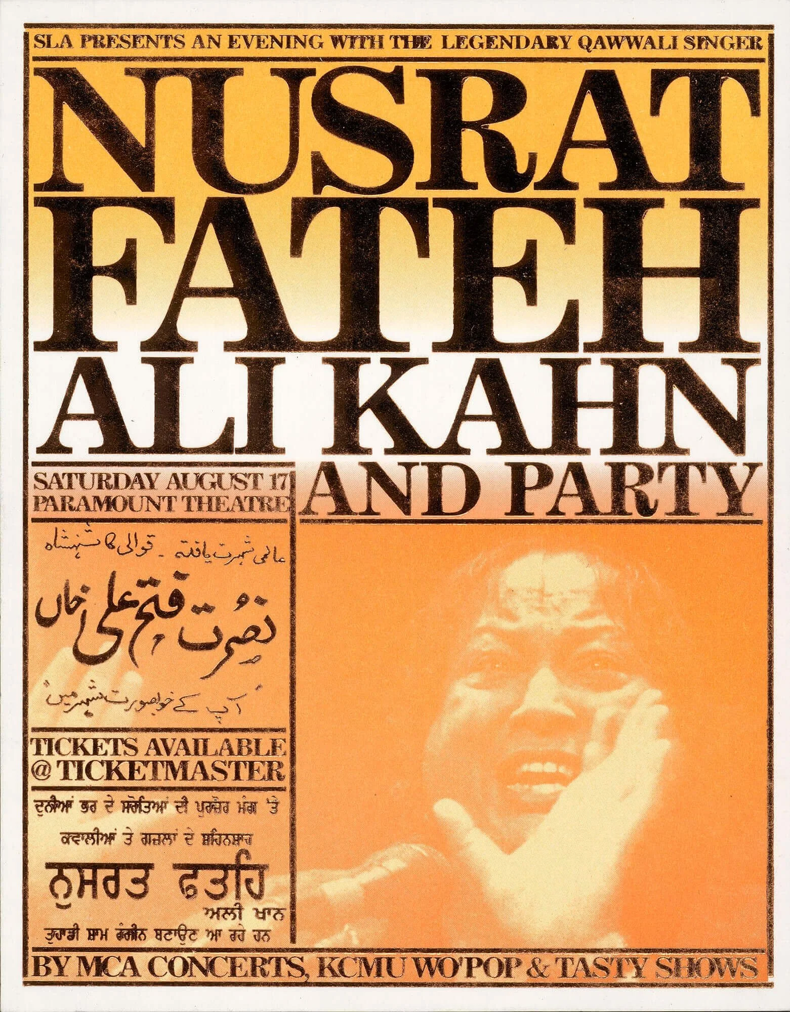 A poster advertising a musical event featuring Nusrat Fateh Ali Khan, scheduled for Saturday, August 17, at the Paramount Theatre. The poster includes text in English and Urdu, mentions tickets available at Ticketmaster, and highlights that the event