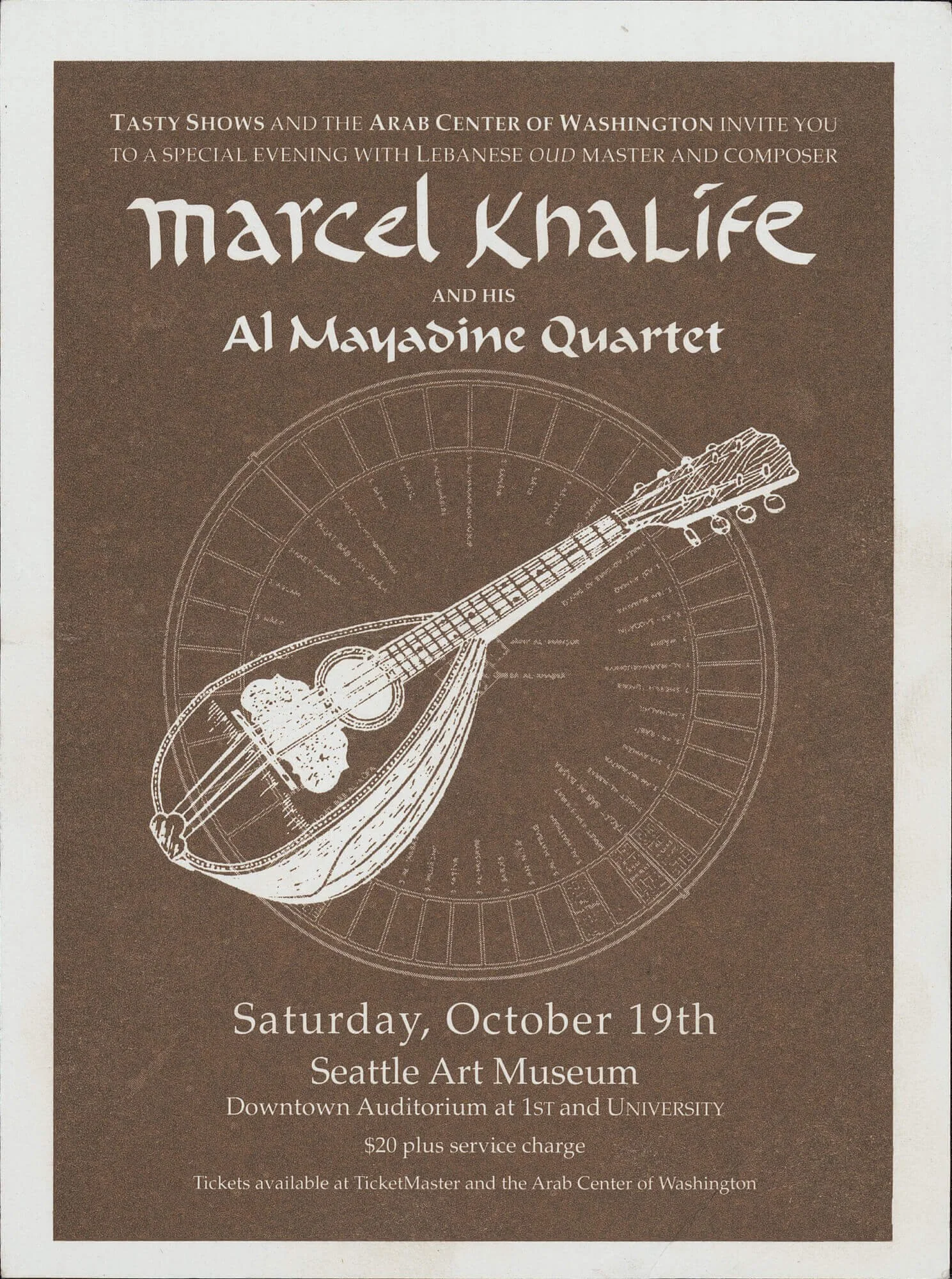 Concert flyer for Marcel Khalif and Al Mamasine Quartet at Seattle Art Museum on October 19th, featuring a white line drawing of a lute on a brown background.