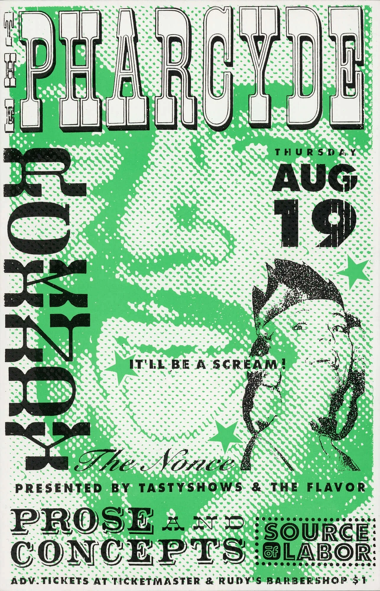 Green and white poster advertising an event at the Pharmacy on Thursday, August 19, with bold black text and a stylized face illustration. It mentions the event features prose and concepts, presented by Tastyshows and The Flavor, with advance tickets