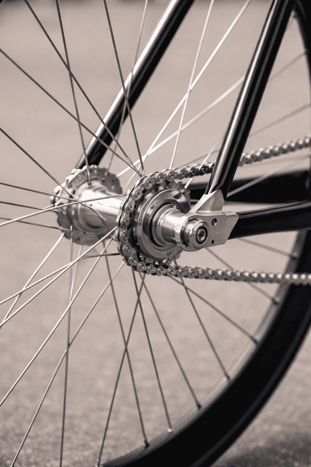 Close-up of a bicycle wheel with a metal hub, spokes, and a chain attached to the hub, on a gray surface.