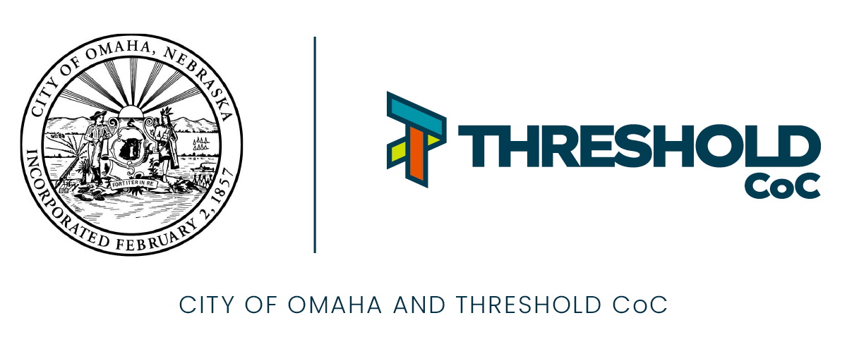 The image shows the seal of the City of Omaha, Nebraska, on the left, and the logo for Threshold CoC on the right. Below, the text reads: 'CITY OF OMAHA AND THRESHOLD CoC.'