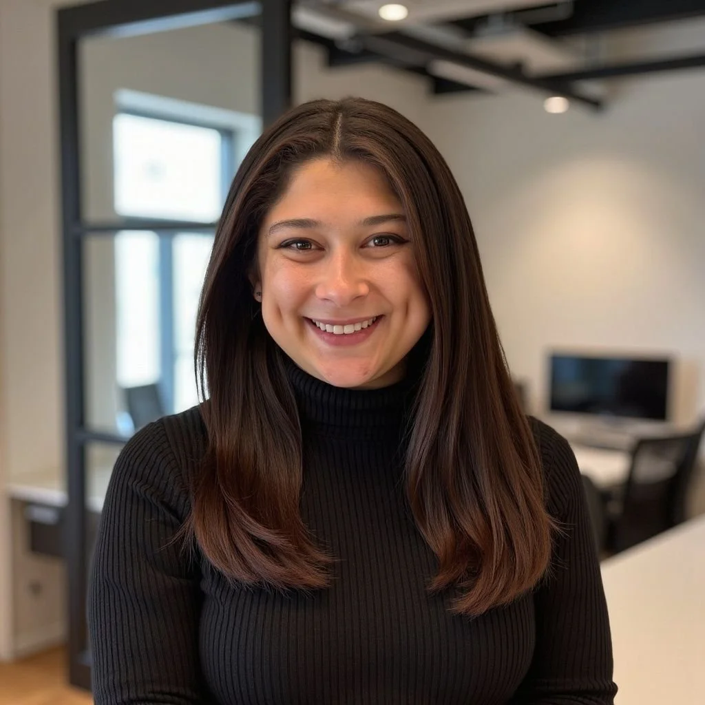 A woman with long brown hair smiling in an office setting, wearing a black turtleneck.