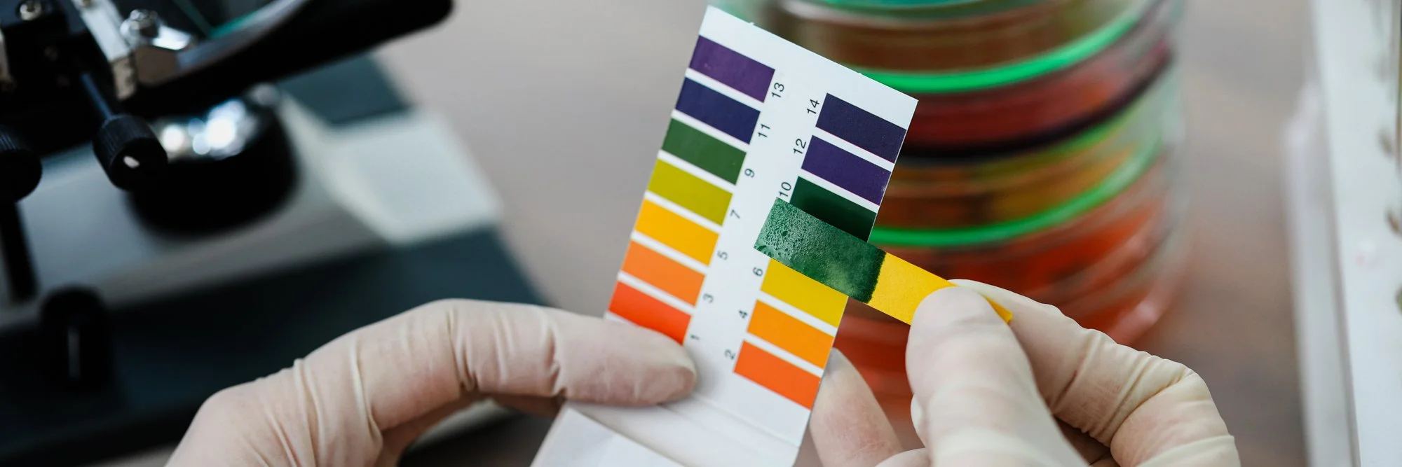 Person wearing gloves holds a pH test strip against a color comparison chart in a laboratory setting with laboratory equipment and containers in the background.