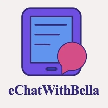 Illustration of a purple smartphone with a blue screen and a pink speech bubble, accompanied by the text 'eChatWithBella'.