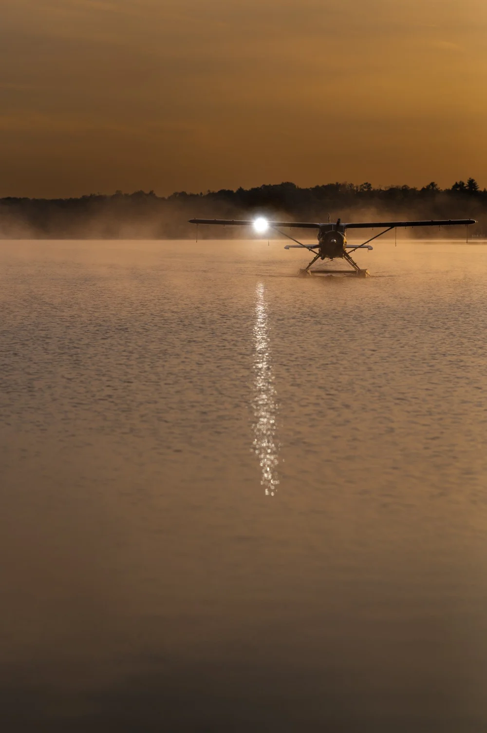 Landing Light on Lake Joseph by MrSpacetime: a seaplane in morning mist before take-off, its light on gold water