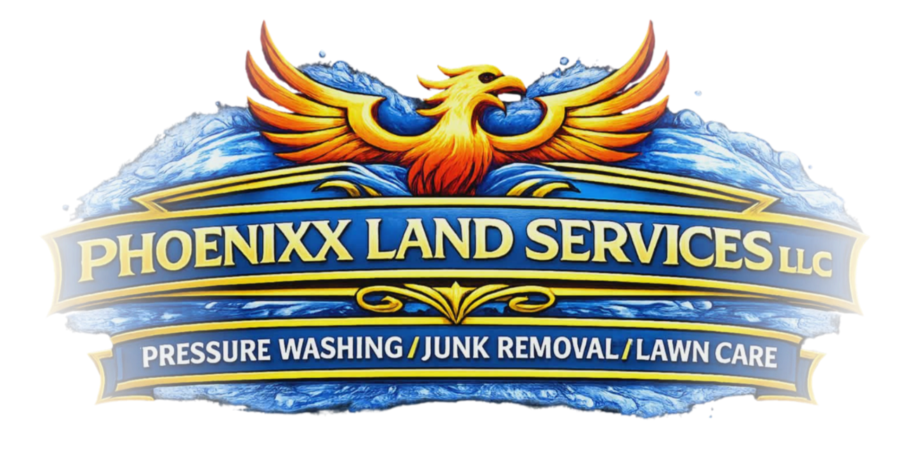 Phoenixx Land Services LLC company logo for professional pressure washing, junk removal, and lawn care services serving Louisiana, Arkansas, and East Texas