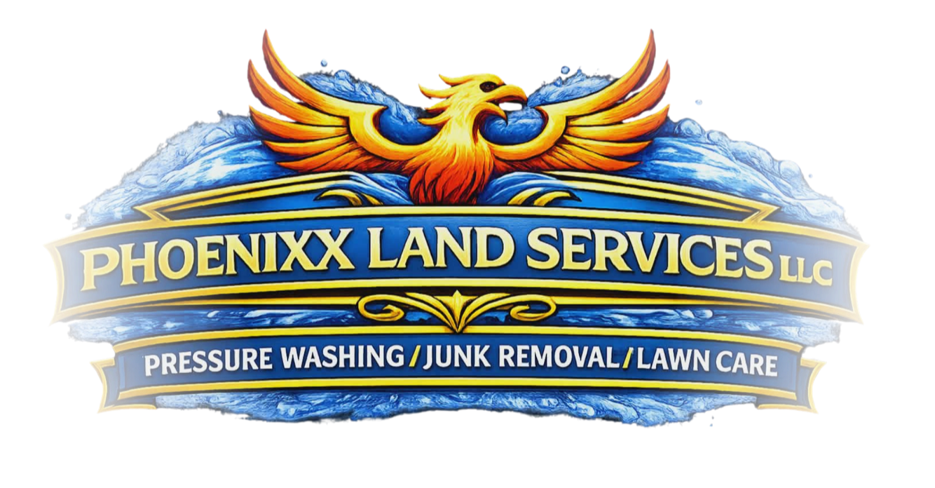 Phoenixx Land Services LLC company logo for professional pressure washing, junk removal, and lawn care services serving Louisiana, Arkansas, and East Texas.