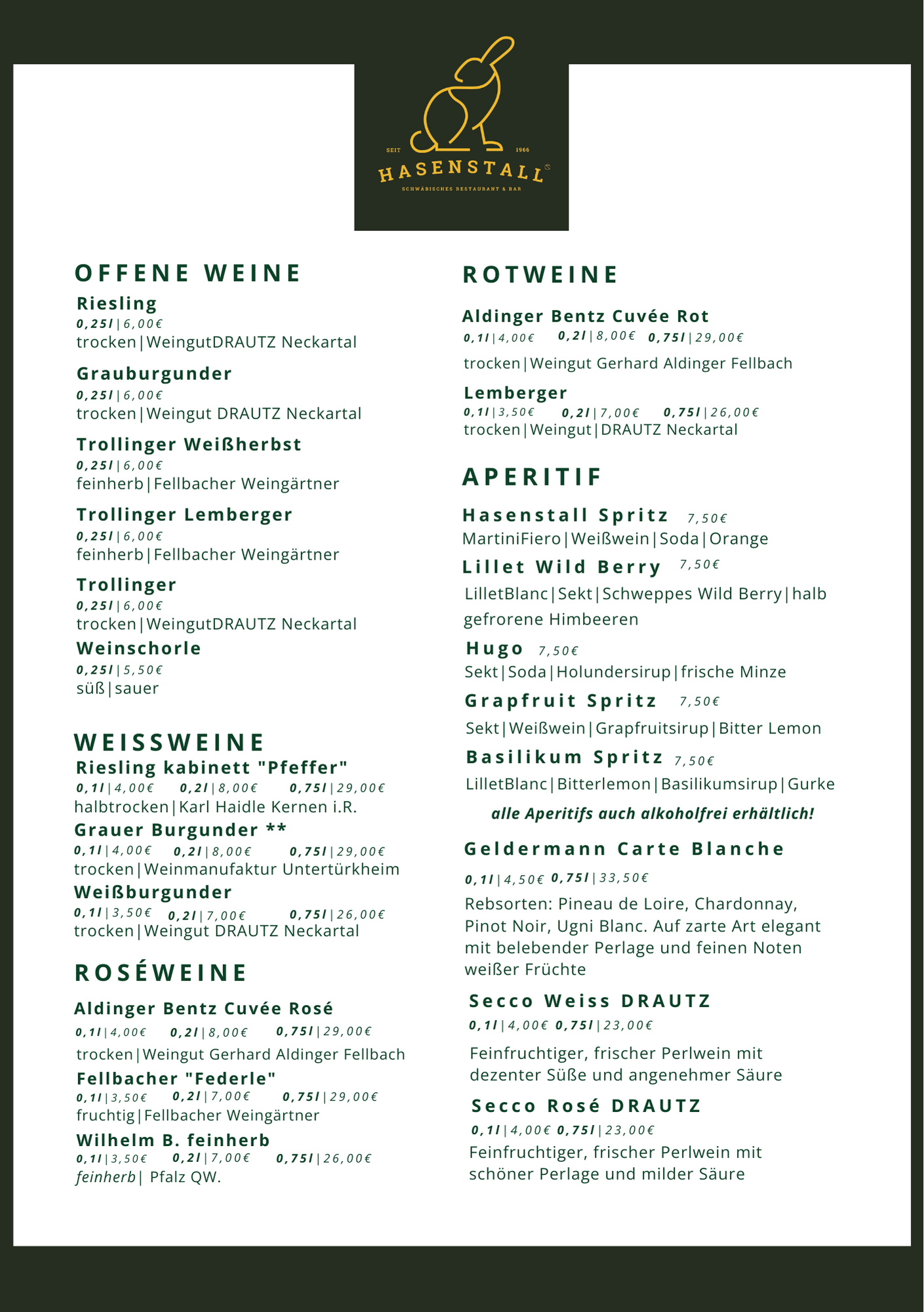 Speisekarte des Restaurants Hassenstall, bestehend aus offenen Weinen, Rotweinen, Aperitifs, Weinen, Gläsern, und speziellen Weinen wie Riesling, Grauburgunder, Trollinger, Weinschorle, Roséweine und weitere Weinsorten.