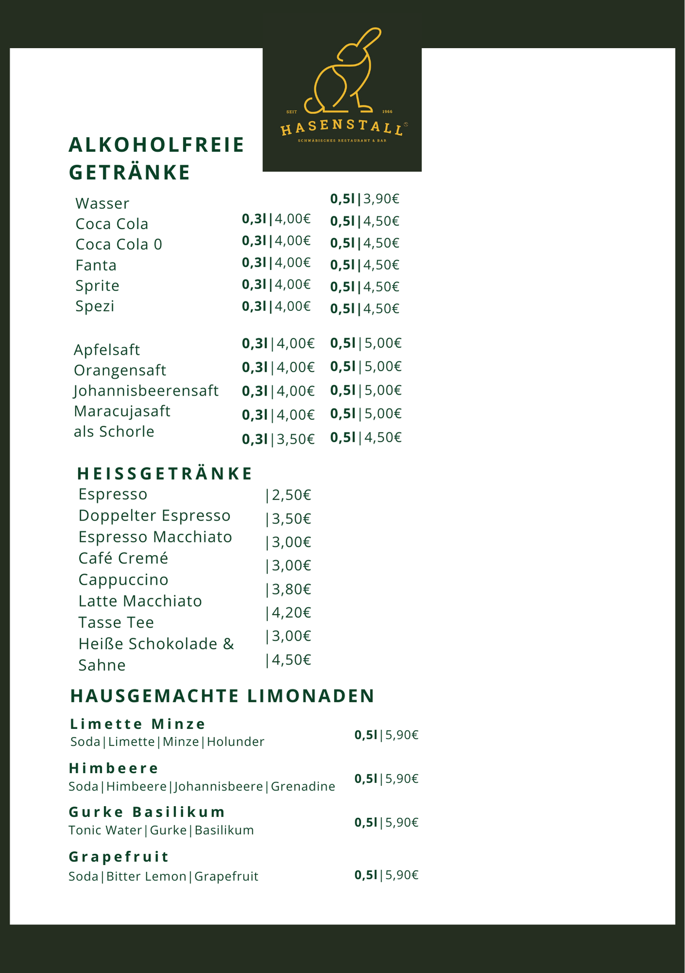 Speisekarte des Restaurants Hasenstall mit alkoholfreien Getränken, Heißgetränken und hausgemachten Limonaden, Preise in Euro.
