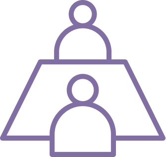Outline of three people sitting at a conference table, with one person at the front leading a presentation or discussion.