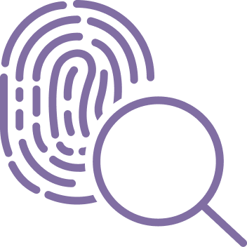 A purple fingerprint icon with a magnifying glass in front of it.