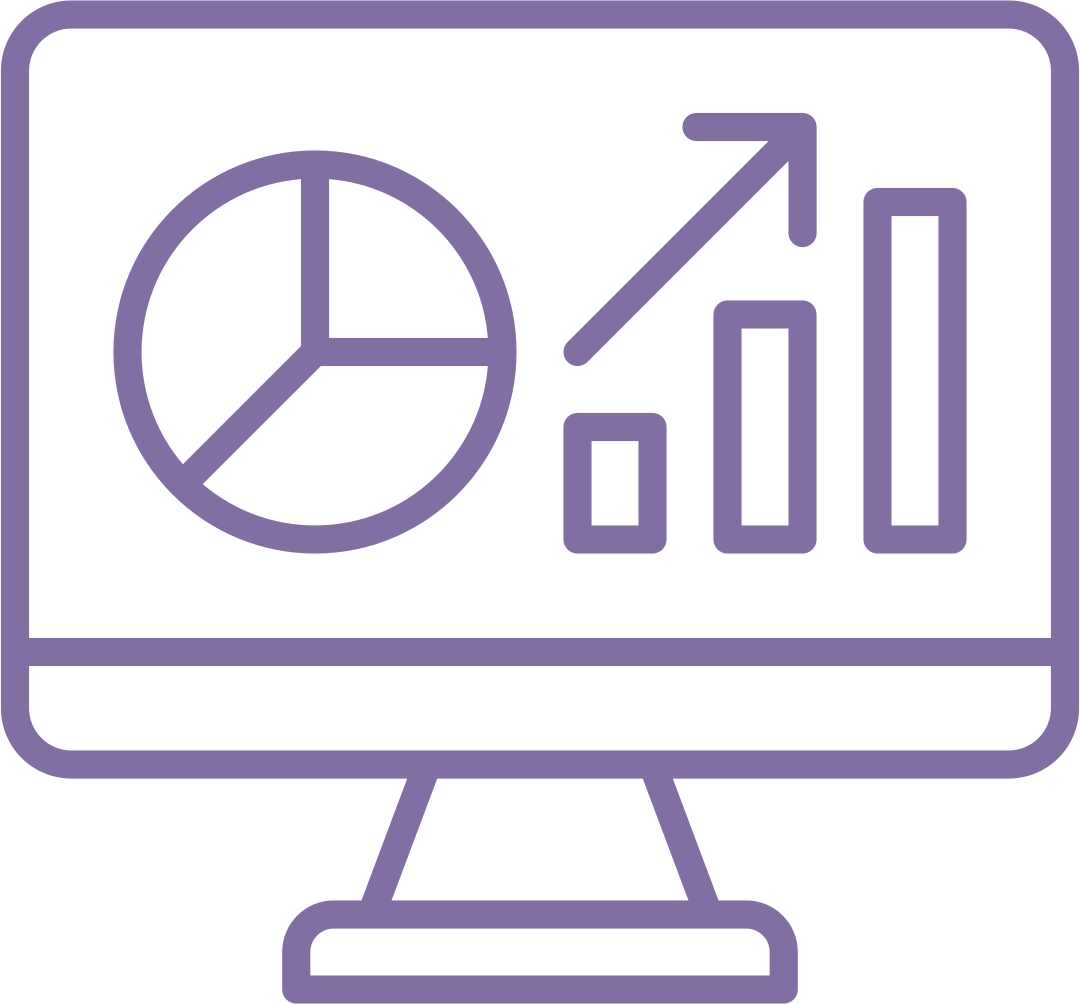 Outline icon of a computer monitor displaying a pie chart and a bar graph with an upward arrow.