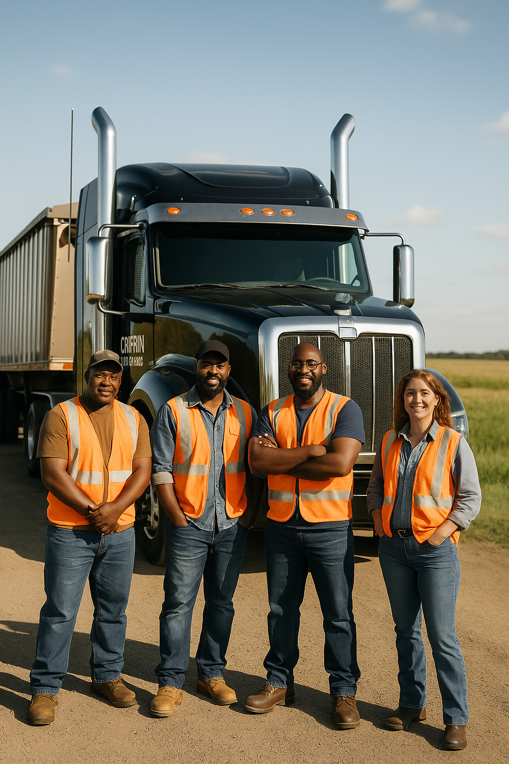 Four workers standing in front of a large black semi-truck, all wearing orange safety vests and jeans, in an open field on a sunny day.