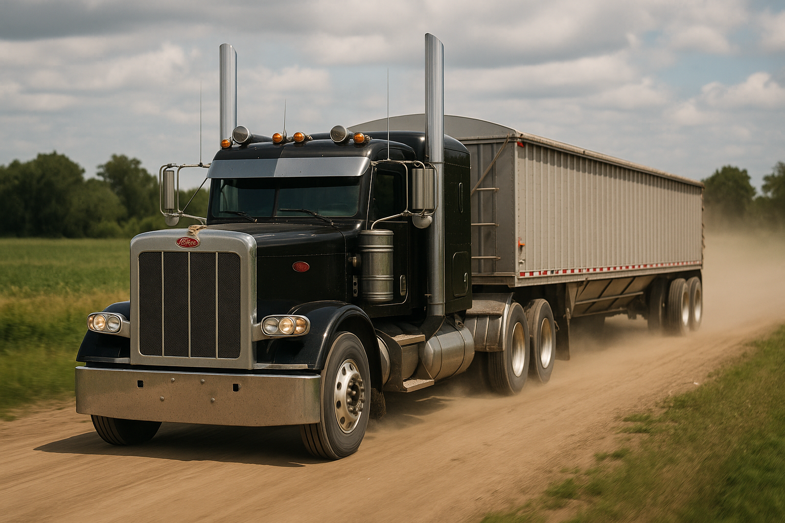 A black semi-truck driving on a dirt road through a grassy field with trees in the background, kicking up dust behind it.