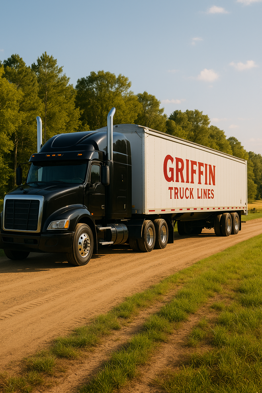 A large black semi-truck with a white trailer labeled "GRAFFIN TRUCK LINES" is parked on a dirt road surrounded by green trees under a blue sky.
