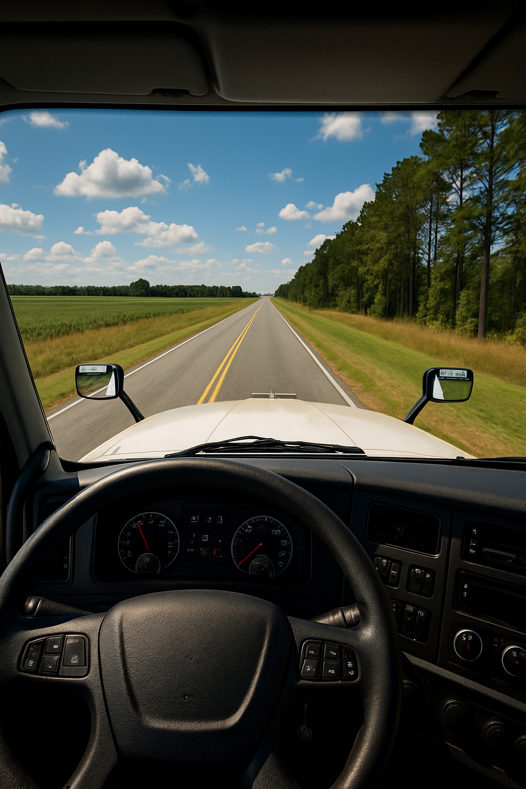 The photo shows the view from inside a vehicle looking out onto a two-lane road with a double yellow line, flanked by grassy shoulders and green fields on the left, and a forest of tall green trees on the right. The dashboard and steering wheel of the vehicle are visible in the foreground.