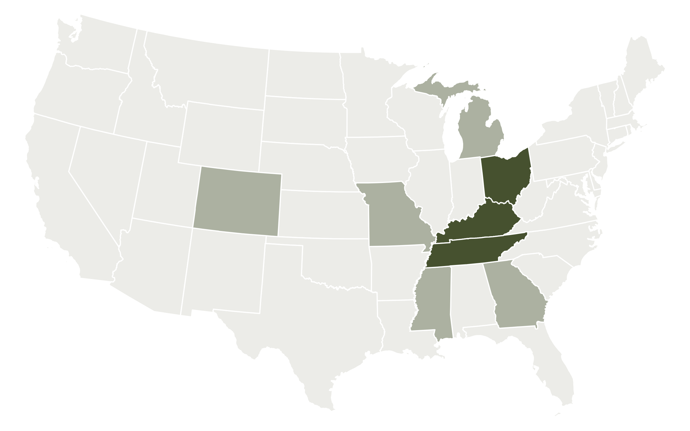 Map of the United States with Tennessee, Kentucky, and Ohio shaded as our focus states, and Colorado, Georgia, Michigan, Mississippi, and Missouri shaded as other states where we've bought land.