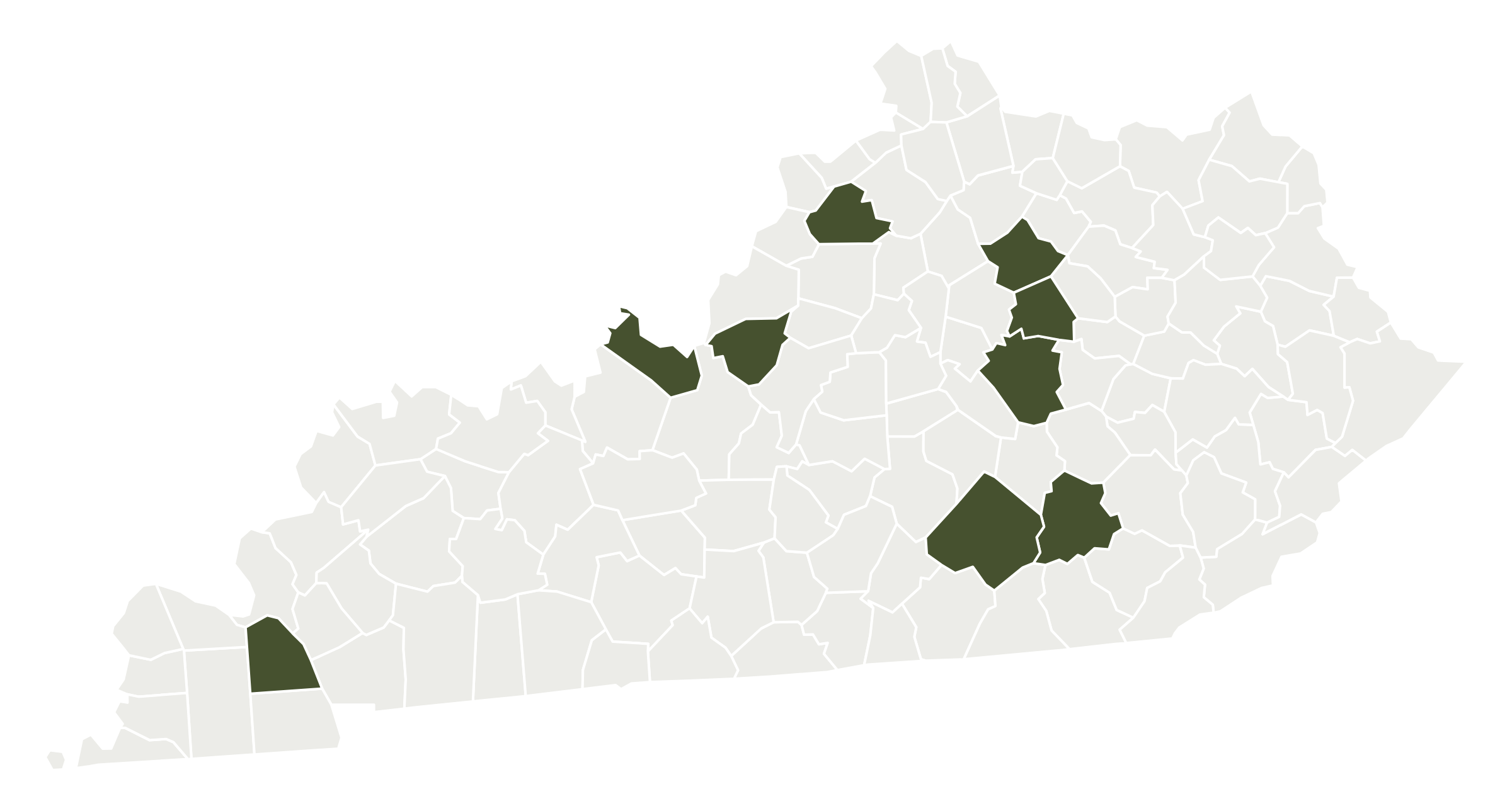 Map of Kentucky with the nine counties where Weber Mountain Wengreens has bought land shaded.