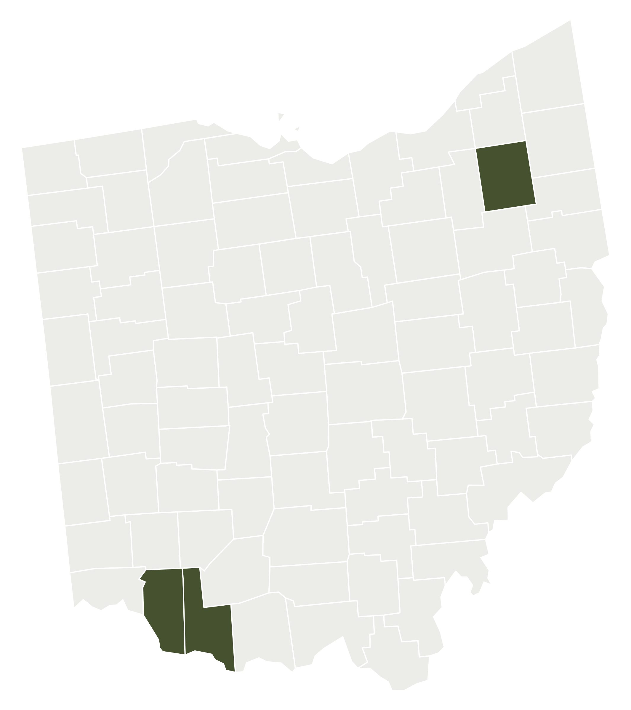 Map of Ohio with Clermont, Portage, and Brown counties shaded, where Weber Mountain Wengreens has bought land.