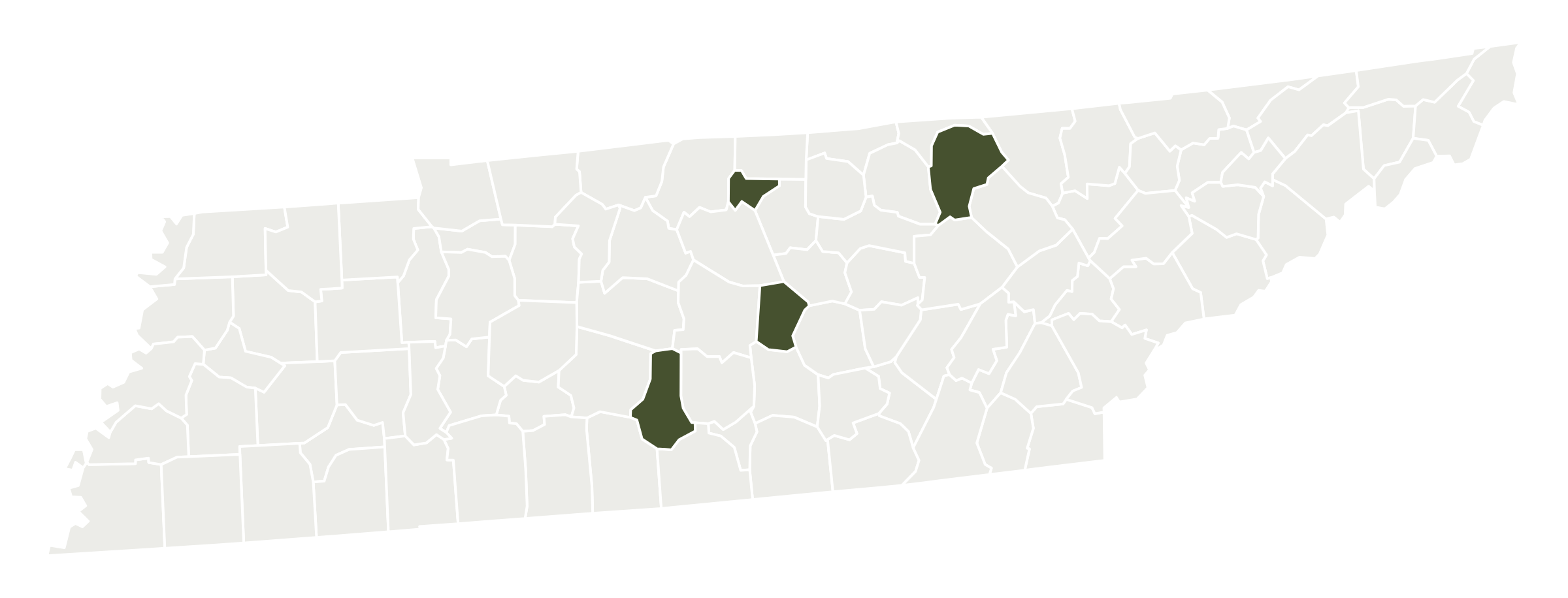 Map of Tennessee highlighting Cannon, Fentress, Marshall, and Trousdale counties, where Weber Mountain Wengreens has purchased land.