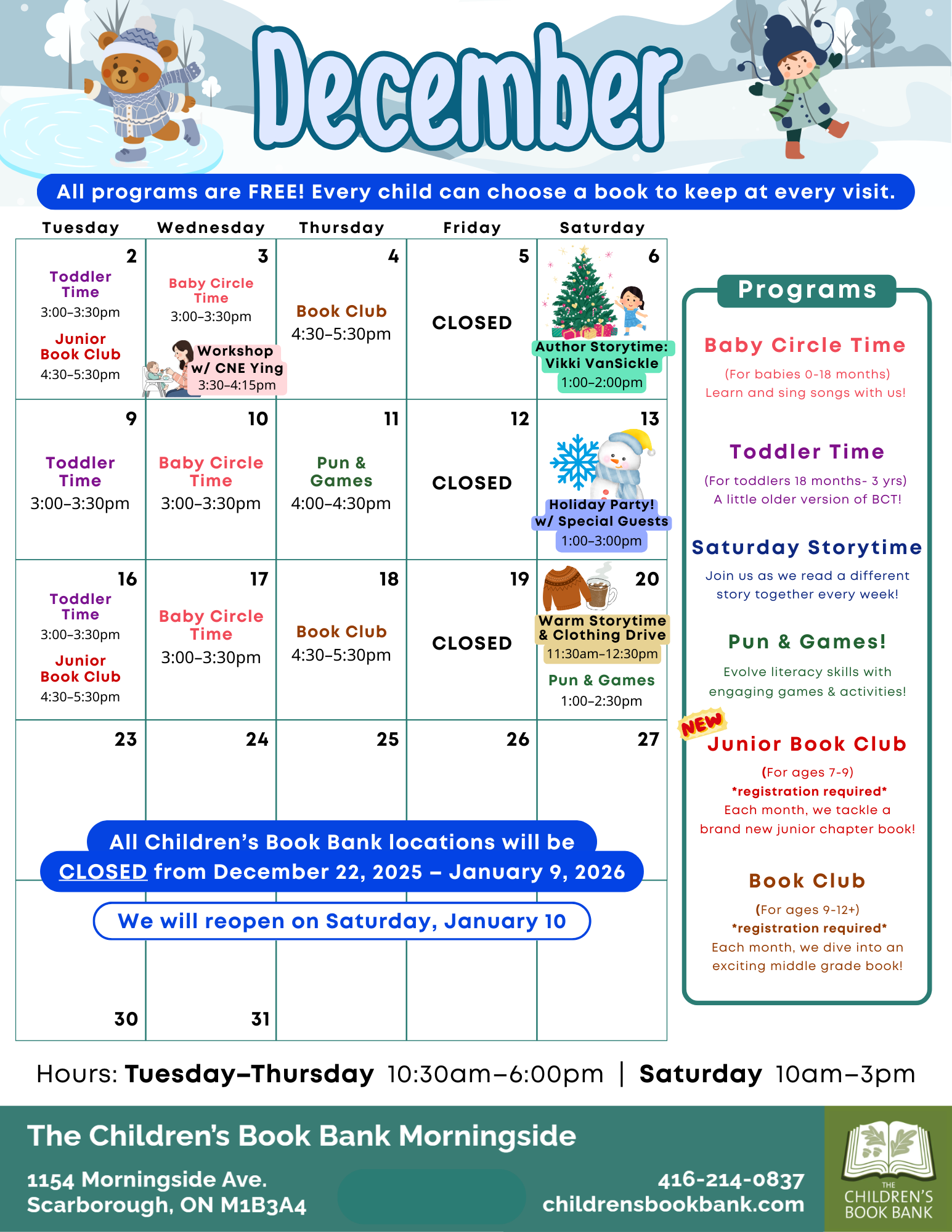 December calendar for the Children's Book Bank with programs and events, including storytime, book clubs, and holiday party, featuring winter-themed illustrations and schedules.