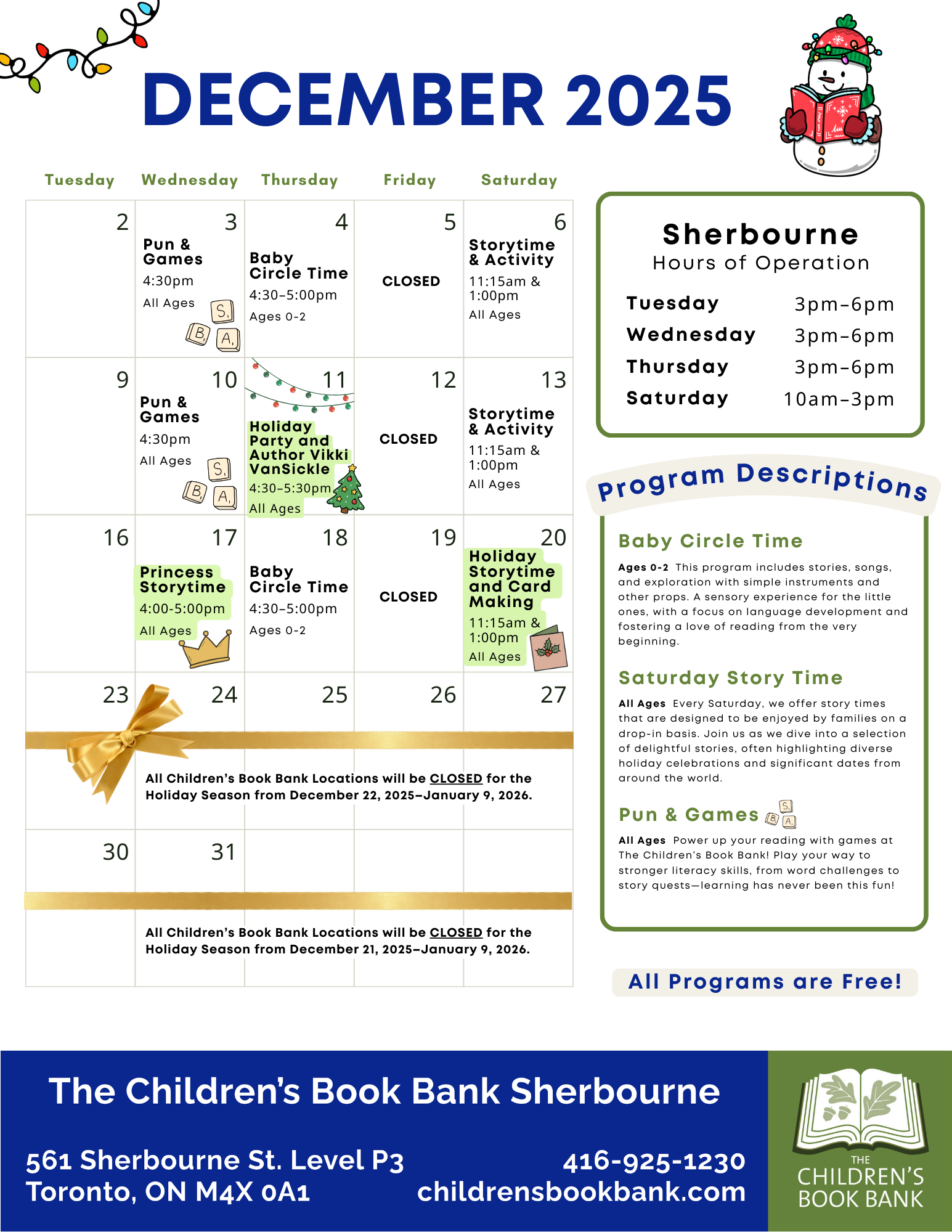 December 2025 calendar featuring children's reading programs and holiday closures at The Children's Book Bank in Toronto, Ontario, including events like Baby Circle Time, Princess Storytime, Holiday Storytime and Card Making, with hours of operation and contact information.
