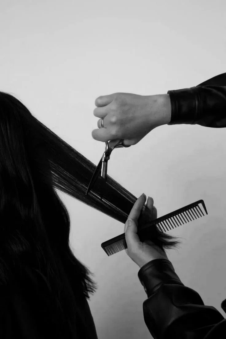 A person getting a haircut, with a section of hair being cut using scissors. A comb is held in the other hand to guide the hair.