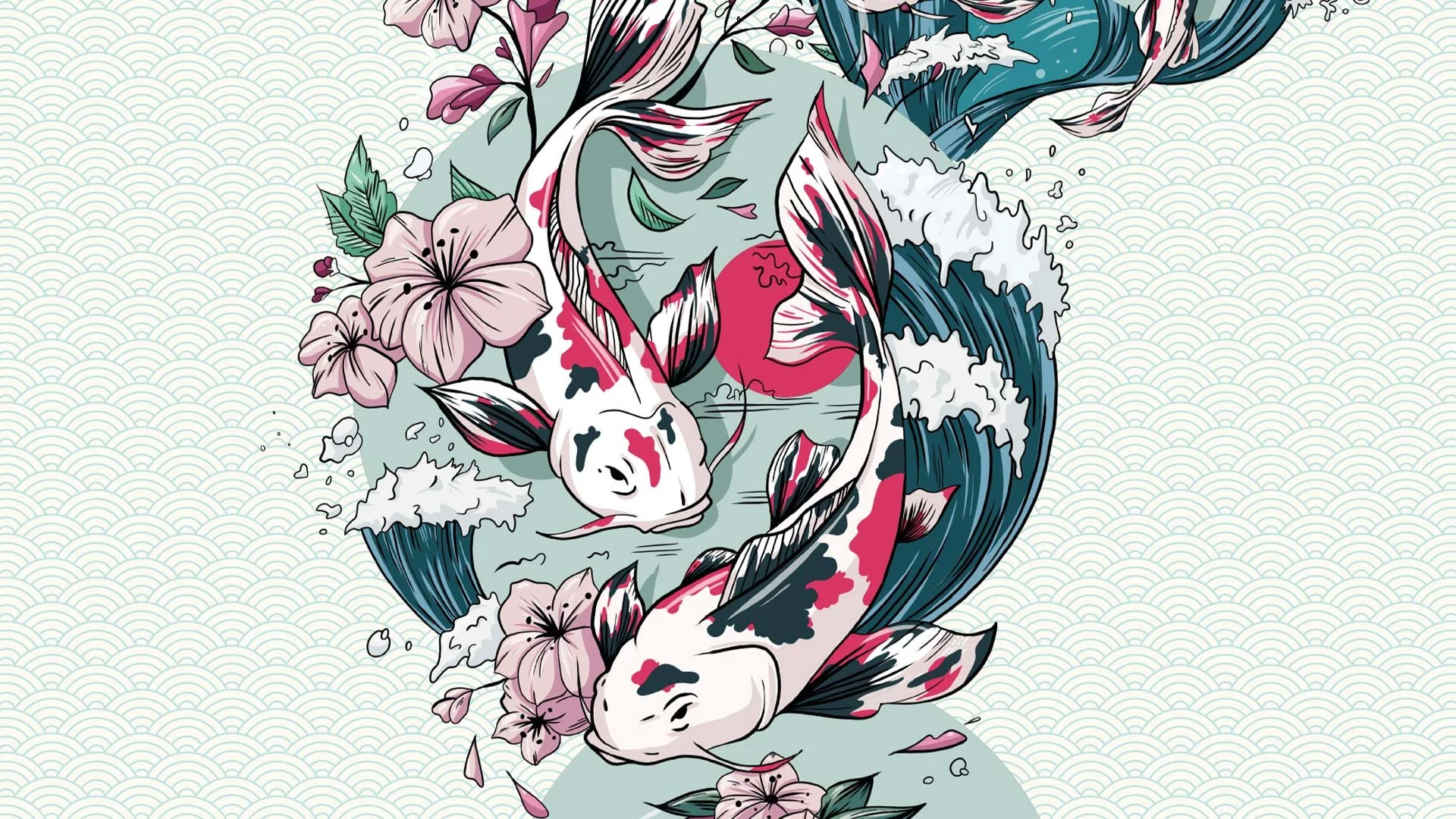 Illustration of two koi fish swimming amidst angelfish, pink flowers, and leaves on a stylized water background.