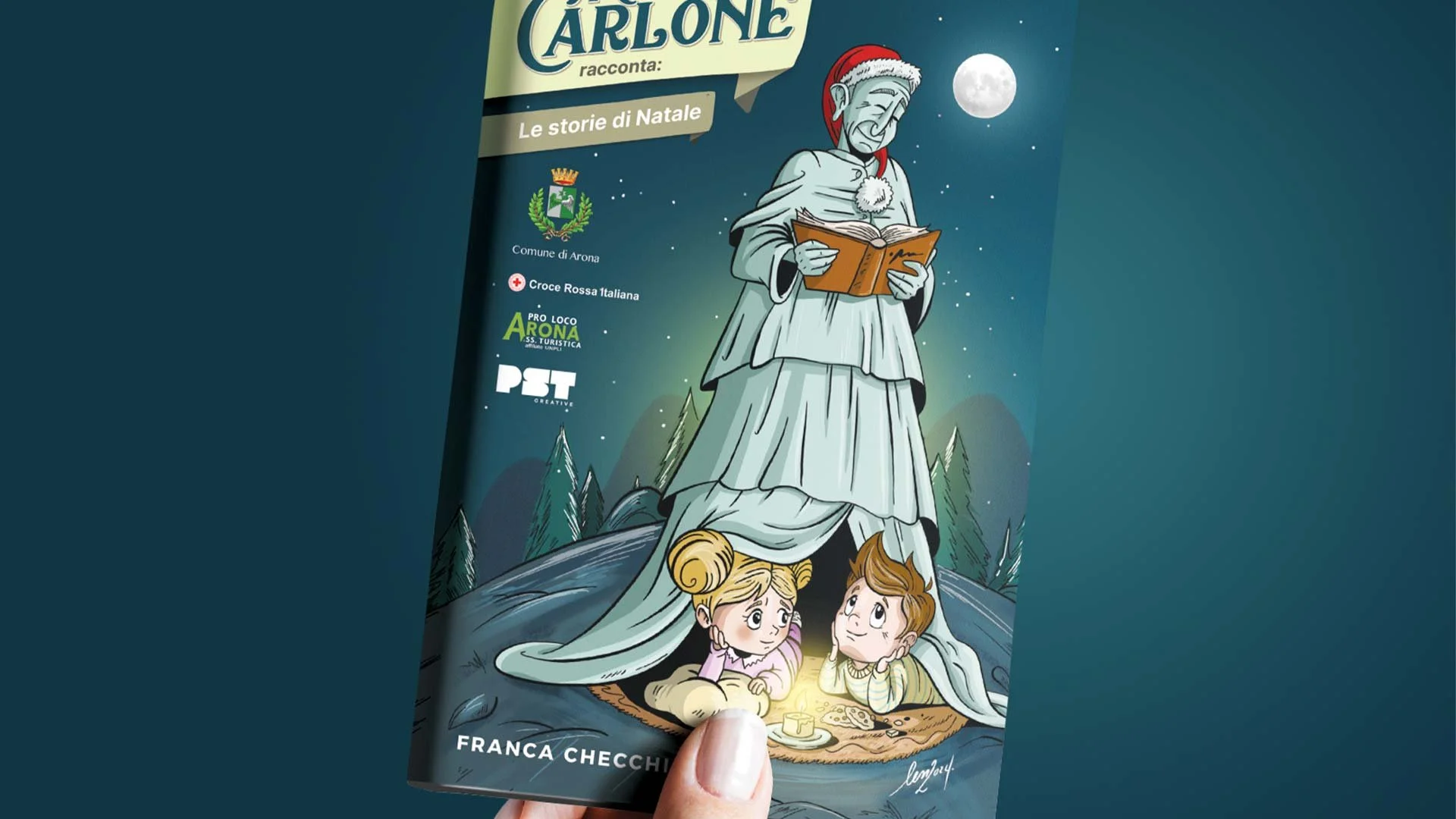 A colorful illustrated Christmas-themed poster featuring Santa Claus reading a book, dressed in a Santa hat and cloak, standing on a hill with trees, a full moon, and stars in the night sky. Two children are sitting under a blanket at the base, looking up at Santa with curiosity. The poster includes text in Italian, mentioning local organizations and a story collection by Franca Checchetti.