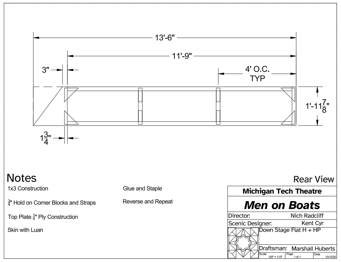 Technical blueprint of a stage set for Michigan Tech Theatre's production of 'Men on Boats,' including measurements and construction notes.