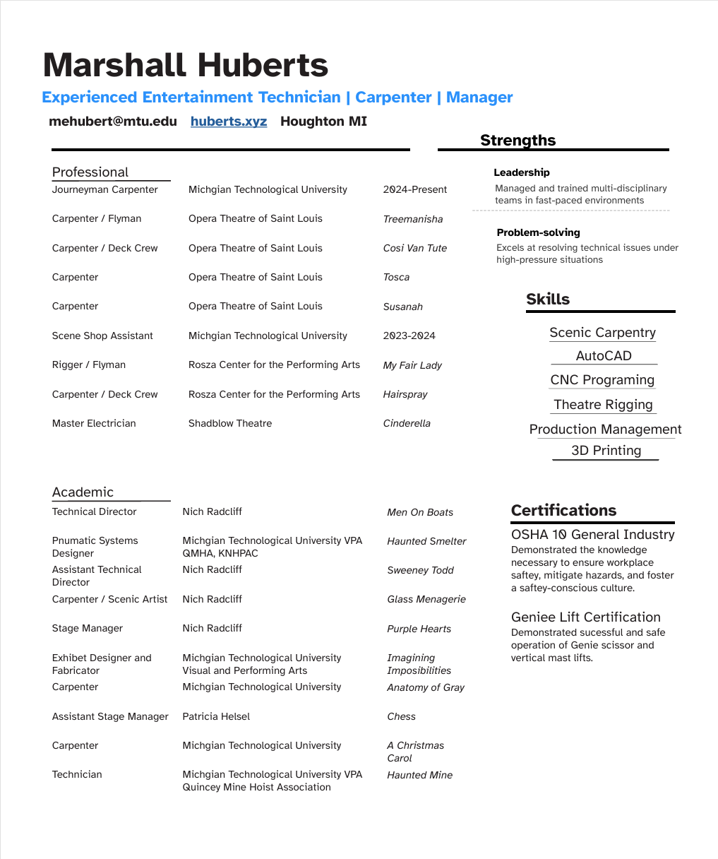 Resume for Marshall Huberts listing skills, experience, and certifications in theatrical carpentry and technical support.