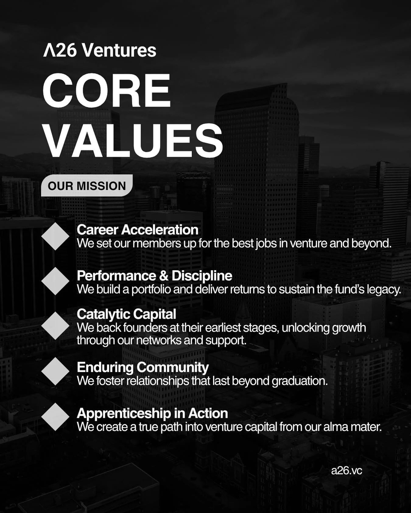 Our thesis starts with our values.

#CatalyticCapital #CareerAcceleration #VentureCapital #A26Ventures #VCcommunity #FoundersFirst #VentureCareers #ApprenticeshipInAction