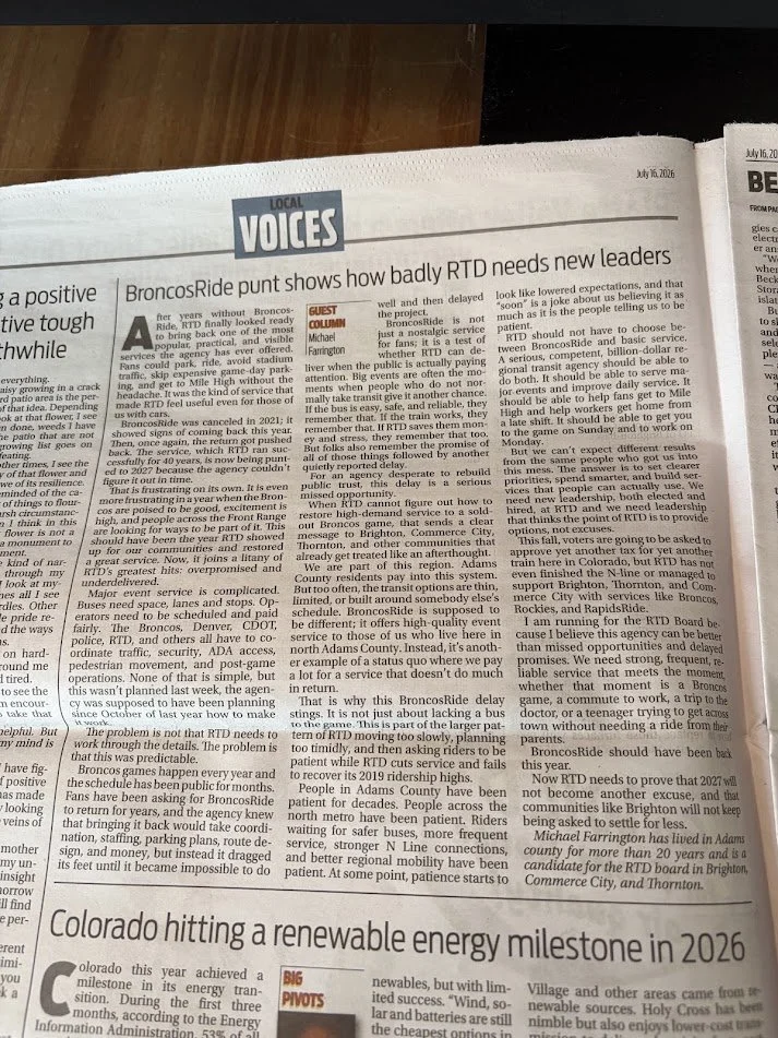 A newspaper page with the headline 'LOCAL VOICES' and an article about RTD and public transportation challenges, with a smaller section about Colorado's renewable energy milestone in 2026.