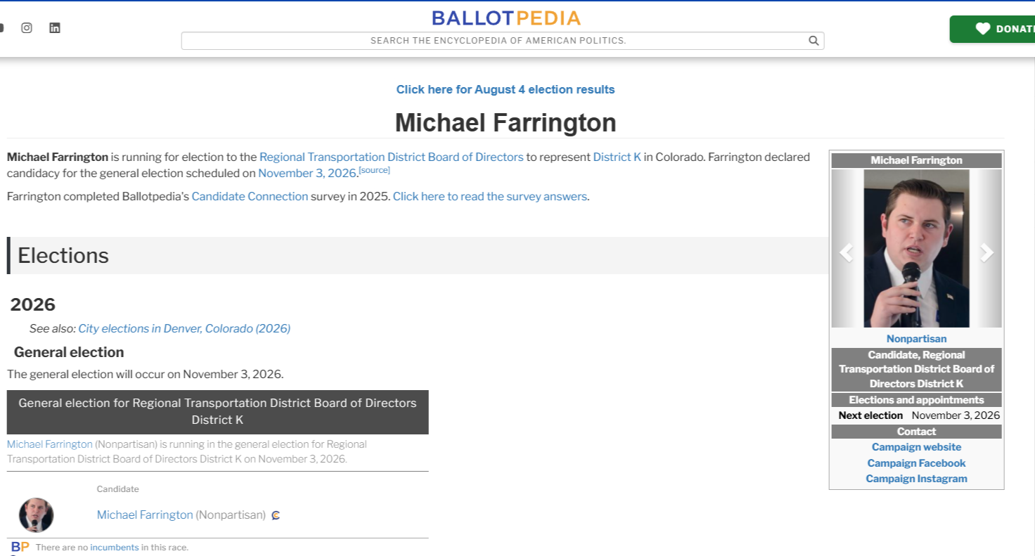 Screenshot of a political candidate profile webpage for Michael Farrington, who is running for the Regional Transportation District Board of Directors District K in Colorado, showing his photo, name, candidacy details, election date, and contact links.