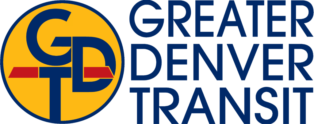 Logo of Greater Denver Transit, featuring a yellow circle with stylized dark blue letters and a red horizontal line, alongside the text 'GREATER DENVER TRANSIT' in dark blue.