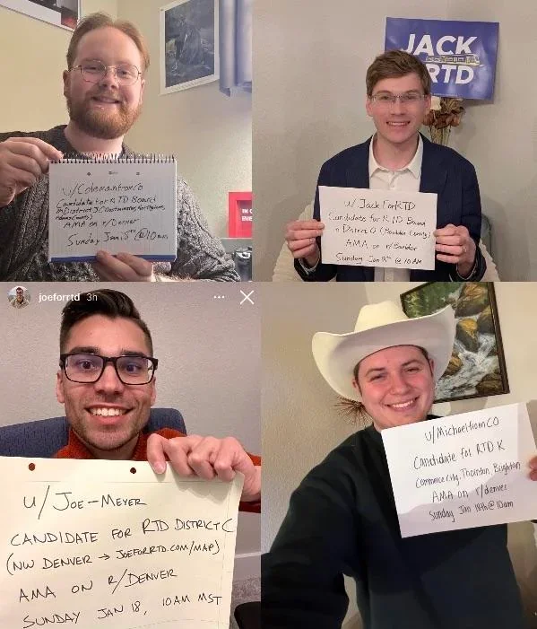 Four young men, each holding a handwritten sign with details about their candidacies or AMA sessions. They are smiling and posing for the photo, with two of them wearing glasses and one wearing a cowboy hat.