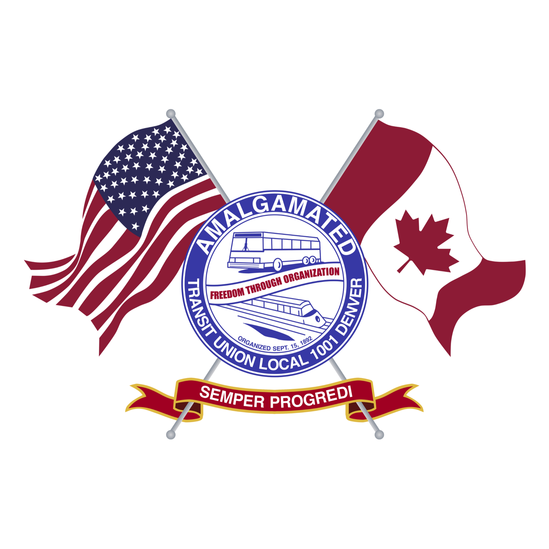 A circular emblem featuring the words 'Organized Transit Union Local 1001' surrounding an image of a subway train, with an American flag on the left and a Canadian flag on the right, and a ribbon banner below with the words 'Semper Progredi'.