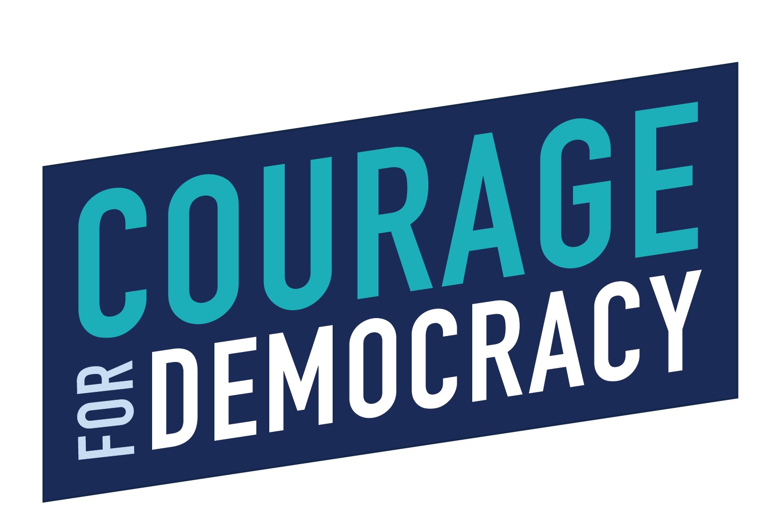 Slanted rectangular blue logo reading “COURAGE FOR DEMOCRACY,” with “COURAGE” in large teal letters, “DEMOCRACY” in large white letters, and “FOR” stacked vertically in light blue along the left side.