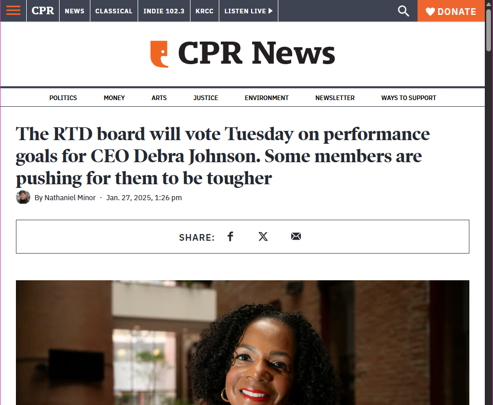 Screenshot of CPR News webpage with an article about the RTD board voting on performance goals for CEO Debra Johnson, published January 27, 2025.