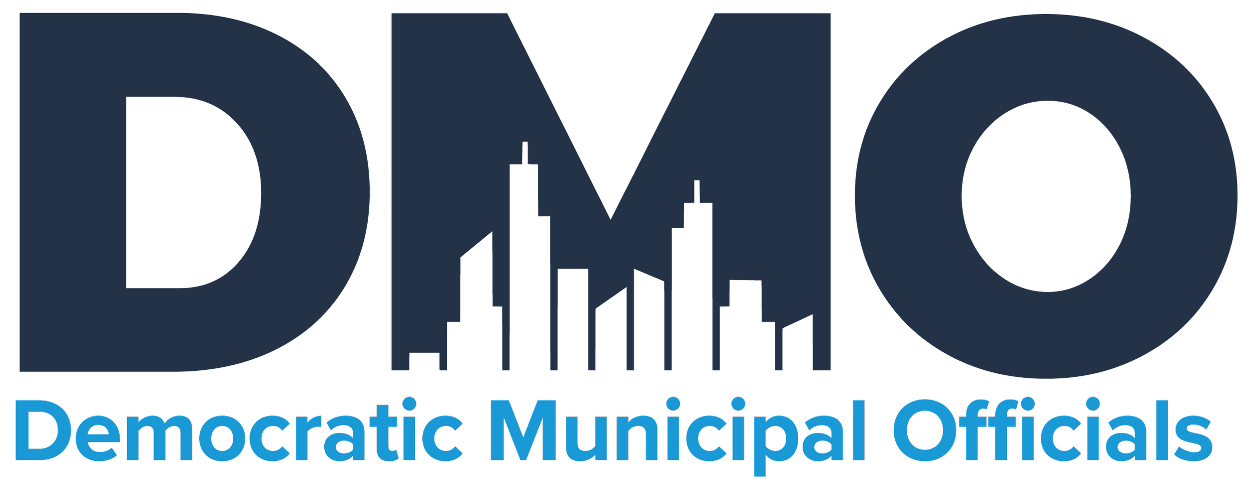 Logo of DMO Democratic Municipal Officers with city skyline silhouette inside the letters DMO.