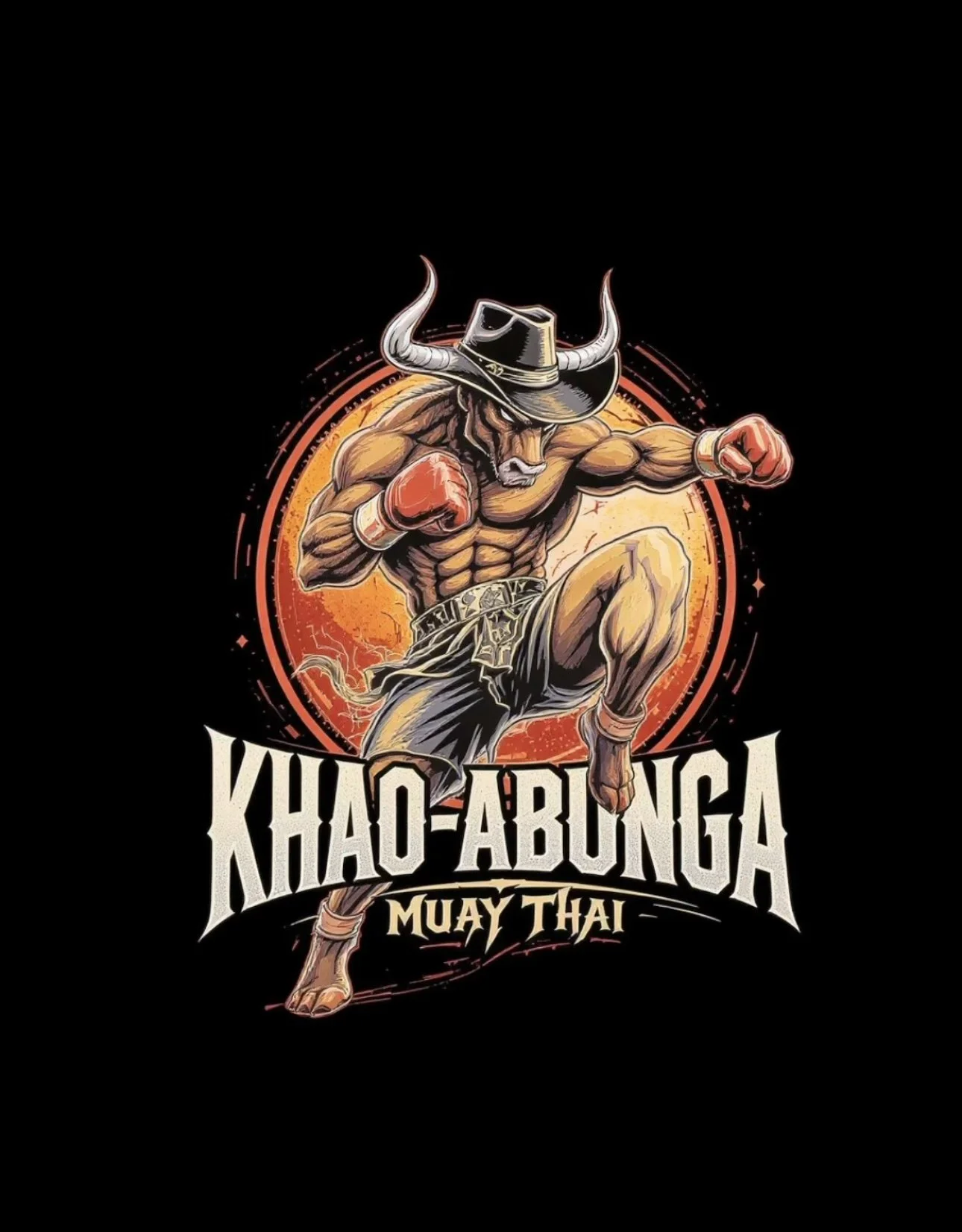 A muscular cartoon buffalo wearing a black cowboy hat and red boxing gloves, in a fighting stance against an orange circular background, with the text 'Khao-Abunga Muay Thai' below.