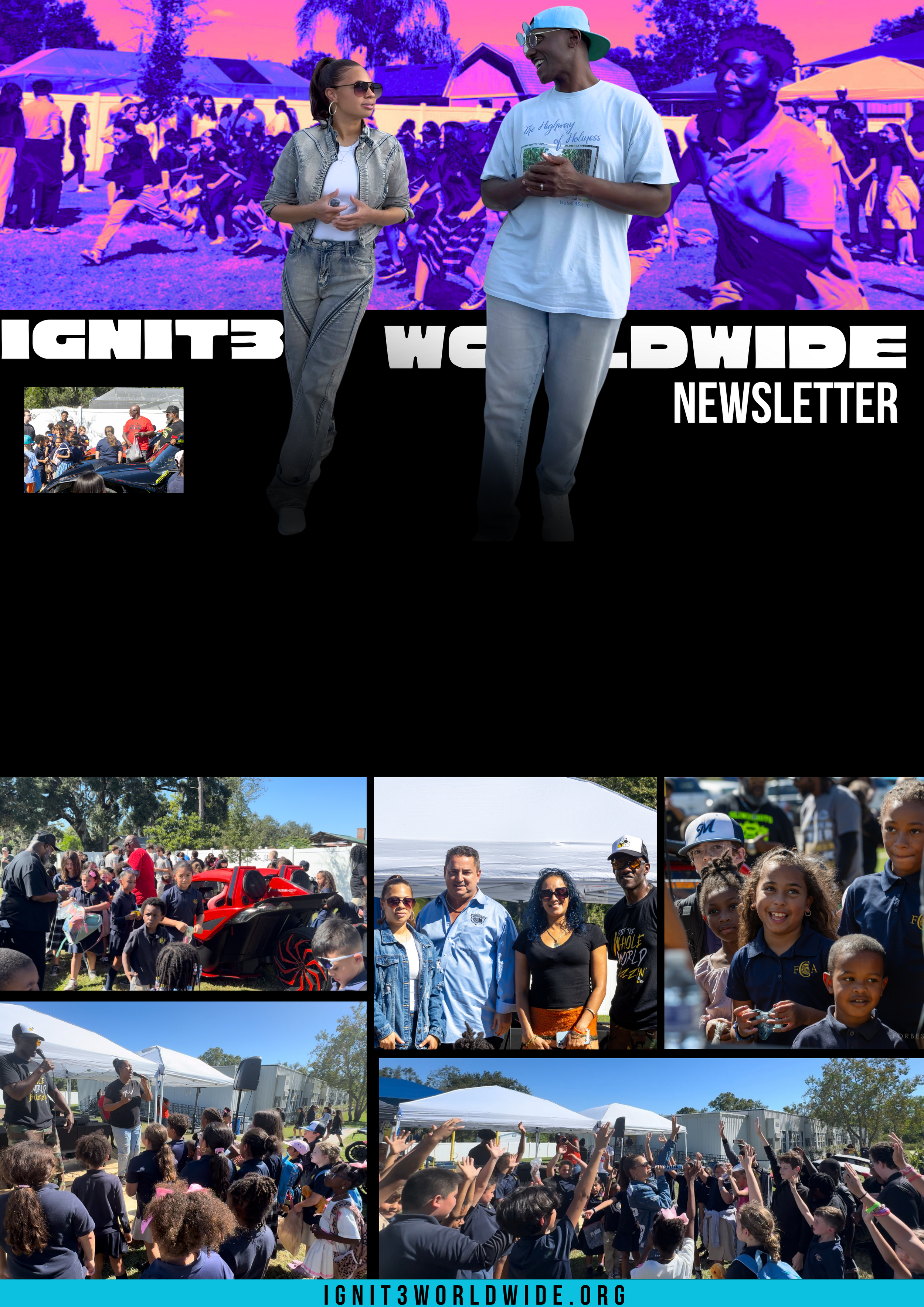Outdoor community outreach event with children and families participating in activities, listening to speakers, and exploring a display vehicle.